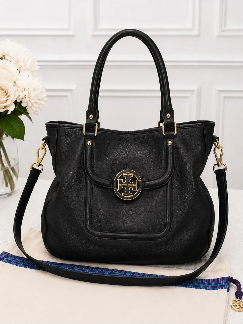 Tory Burch Amanda Classic Handle Black Leather Hobo Crossbody Dust Bag